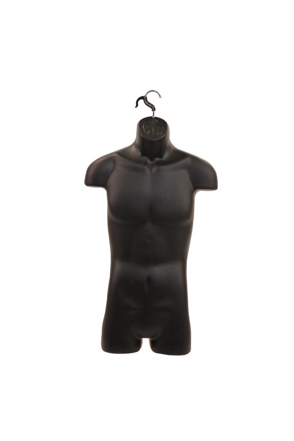 Male Molded Shatterproof Black Shapely Torso Form With Hook - Fits Men's Sizes