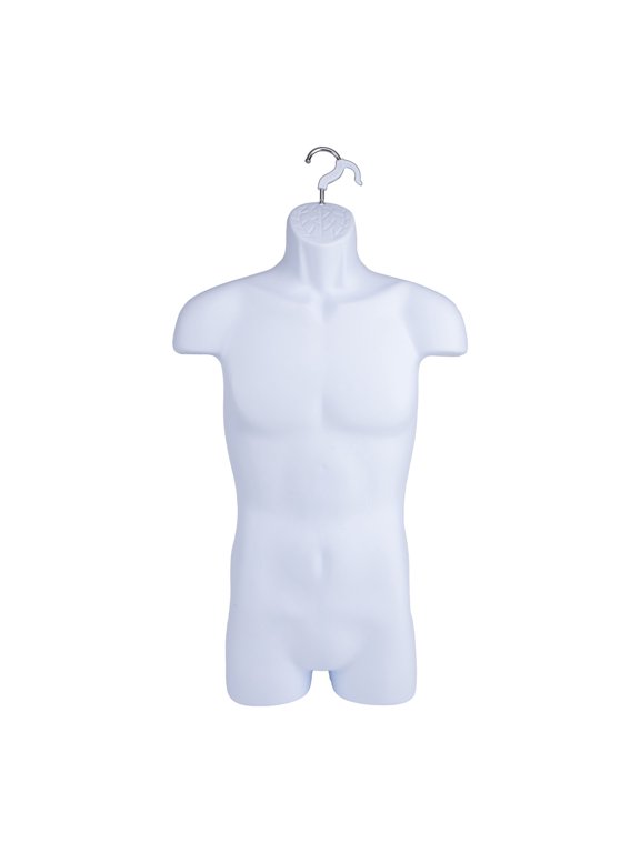 Male Molded Shatterproof White Shapely Torso Form with Hook