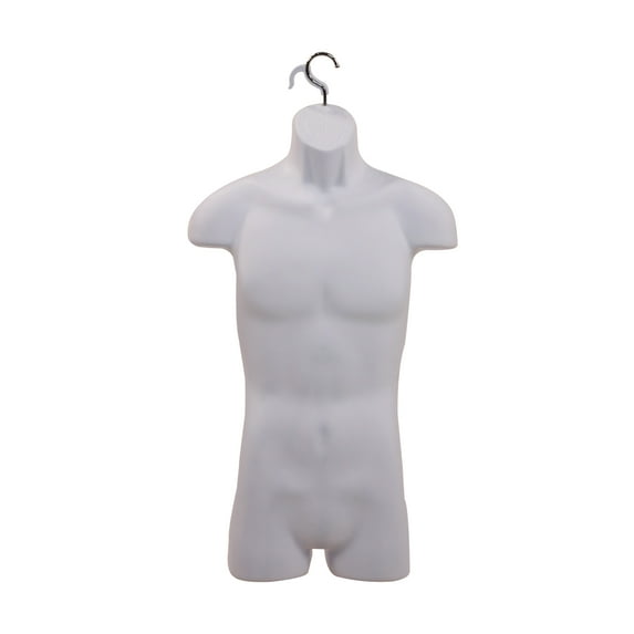 SSWBasics Male Molded Shatterproof White Shapely Torso Form With Hook - Fits Men's Sizes