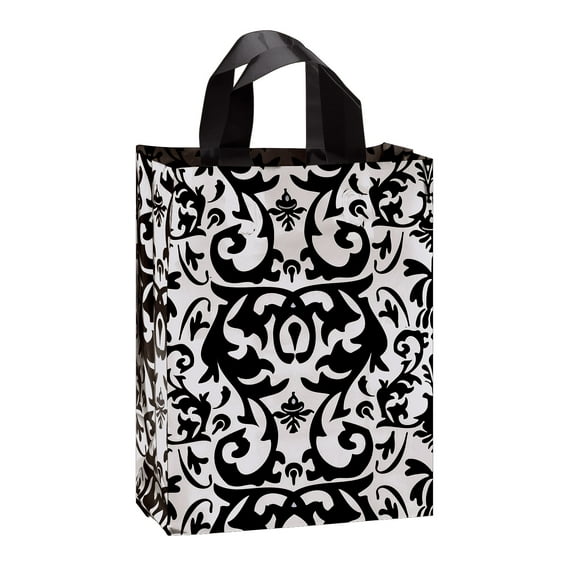 SSWBasics Medium Black Damask Frosted Plastic Shopping Bags - 8" x 5" x 10" - Case of 100