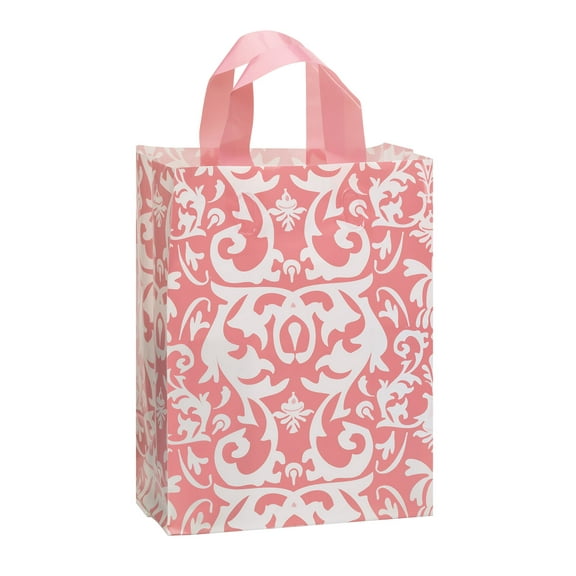 SSWBasics Medium Pink Damask Frosted Plastic Shopping Bags - 8" x 5" x 10" - Case of 100