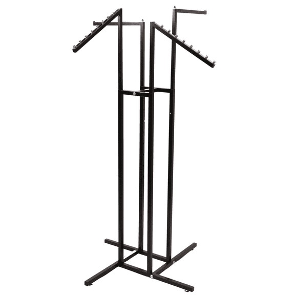 SSWBasics Versatile T Shirt Display Rack - Adjustable Height Clothing Display with 4 Arms (2 Straight & 2 Slant) - Durable Black Retail Clothing Rack for Shirts Dresses - Easy Assembly