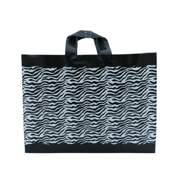 SSWBasics Zebra Frosted Plastic Shopping Bags - 16" x 6" x 12" - Case of 100