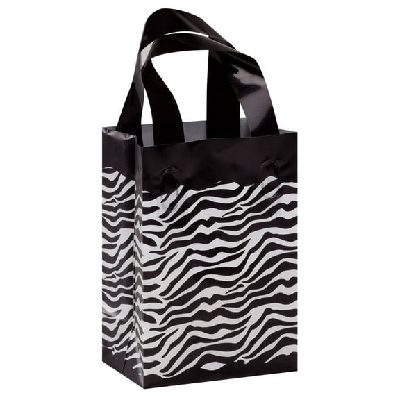 SSWBasics Zebra Frosted Plastic Shopping Bags - 5" x 3" x 7" - Case of 100- Shopping Bags with Handles - Zebra Frosted Boutique Retail Bags - Durable Plastic Bags with Handles for Shopping and Gifts