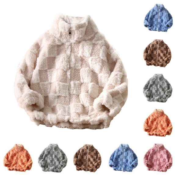 SSYGGI Girls Checkered Fuzzy Sherpas Zip-Up Jacket, Kids Stand Collar Plaid Plushes Fleece Coat, Soft Warm Casual Outerwear for Little Girls Fall Winter