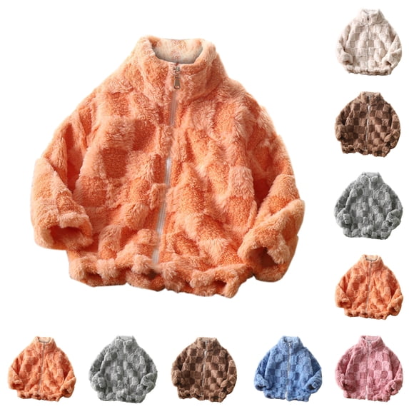 SSYGGI Girls Checkered Fuzzy Sherpas Zip-Up Jacket, Kids Stand Collar Plaid Plushes Fleece Coat, Soft Warm Casual Outerwear for Little Girls Fall Winter