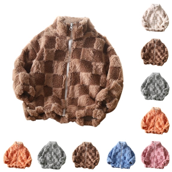 SSYGGI Girls Checkered Fuzzy Sherpas Zip-Up Jacket, Kids Stand Collar Plaid Plushes Fleece Coat, Soft Warm Casual Outerwear for Little Girls Fall Winter
