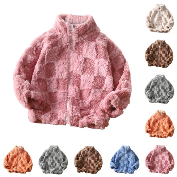 SSYGGI Girls Checkered Fuzzy Sherpas Zip-Up Jacket, Kids Stand Collar Plaid Plushes Fleece Coat, Soft Warm Casual Outerwear for Little Girls Fall Winter