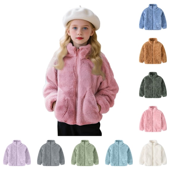 SSYGGI Girls Fuzzy Fleece Zip Up Jacket, Kids Stand Collar Sherpas Fleece Coat, Fall Winter Soft Warm Plushes Casual Outerwear with Side Pockets