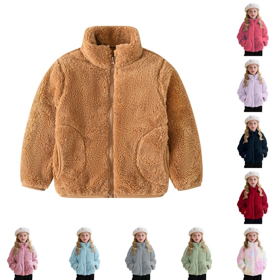 SSYGGI Girls Fuzzy Fleece Zip Up Jacket, Kids Stand Collar Sherpas Fleece Coat, Fall Winter Soft Warm Plushes Casual Outerwear with Side Pockets