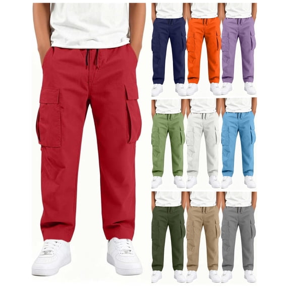 SSYGGI Kids Boys' Cargo Pants Outdoor Baggy Hiking Pants Stretch Elastic Waist School Uniform Pants Pull on Wide Leg Joggers for Teen Boys Trousers with Multi Pockets