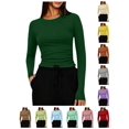 thumbnail image 1 of SSYGGI Slim Fit Long Sleeve Shirts for Women, Soft Stretch Crew Neck Tees Tight Basic Tops, Fall Women's Ruched Side Crop Tops, Winter Casual Basic Layering Undershirts, 1 of 8
