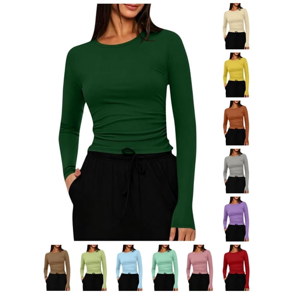 SSYGGI Slim Fit Long Sleeve Shirts for Women, Soft Stretch Crew Neck Tees Tight Basic Tops, Fall Women's Ruched Side Crop Tops, Winter Casual Basic Layering Undershirts
