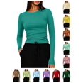 thumbnail image 1 of SSYGGI Slim Fit Long Sleeve Shirts for Women, Soft Stretch Crew Neck Tees Tight Basic Tops, Fall Women's Ruched Side Crop Tops, Winter Casual Basic Layering Undershirts, 1 of 8