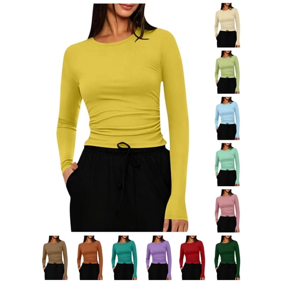 SSYGGI Slim Fit Long Sleeve Shirts for Women, Soft Stretch Crew Neck Tees Tight Basic Tops, Fall Women's Ruched Side Crop Tops, Winter Casual Basic Layering Undershirts