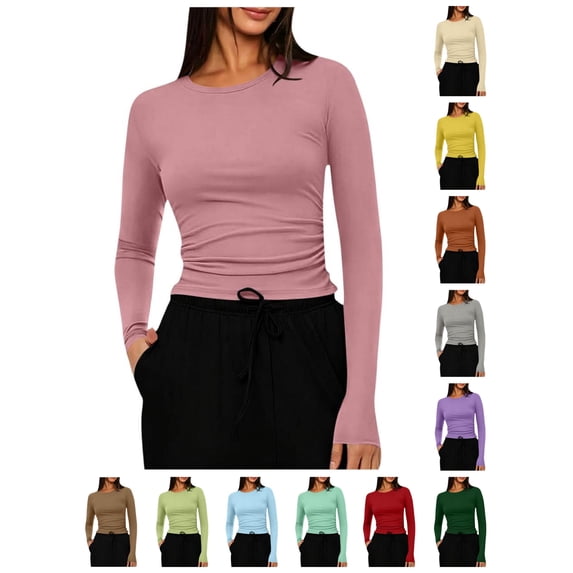 SSYGGI Slim Fit Long Sleeve Shirts for Women, Soft Stretch Crew Neck Tees Tight Basic Tops, Fall Women's Ruched Side Crop Tops, Winter Casual Basic Layering Undershirts