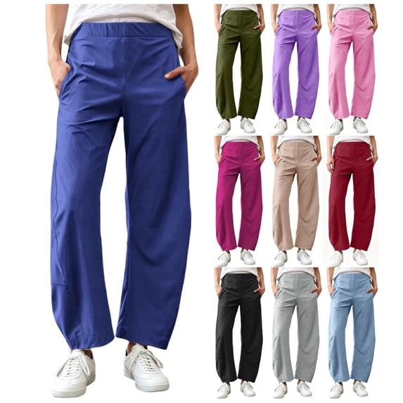 SSYGGI Womens Casual Pants Fall Straight Leg Pants Elastic High Waisted Lounge Pants Plus Size Fall Trousers Loose Fit Solid Color Long Pants with Pockets for Work Office