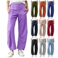 thumbnail image 1 of SSYGGI Womens Casual Pants Fall Straight Leg Pants Elastic High Waisted Lounge Pants Plus Size Fall Trousers Loose Fit Solid Color Long Pants with Pockets for Work Office, 1 of 8