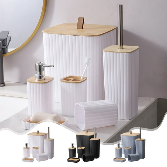 SSZMDLB under $5 Bathroom Accessory Set, 6 Piece Plastic Bathroom Organizer Kit, Complete Bath Set with Toilet Brush Trash Can, Coordinated Bathroom Decor for Toilet