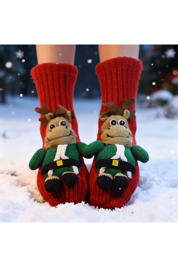 under $5 Christmas animal socks, Christmas Animal Socks, Knit Cute Reindeer Penguin Floor Socks for Women Girls, Hand Crocheted Warm Winter Slipper Socks
