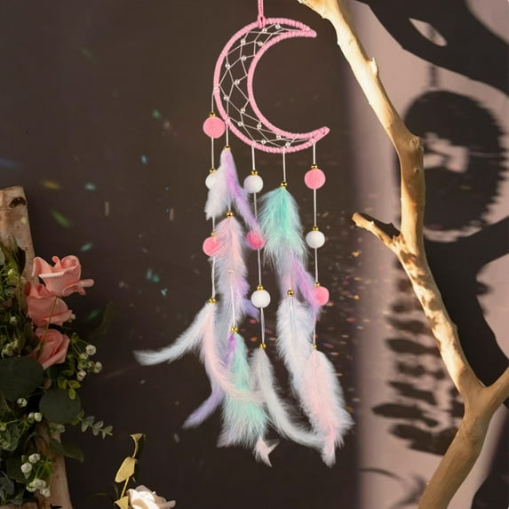 SSZMDLB under $5 Dream Catcher Wall Hanging, Crescent Moon Dreamcatcher with Colorful Feathers, Handmade Bedroom Decor for Wall Display, Bohemian Style Room Decor for Living Space