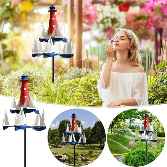 SSZMDLB under $5 Garden Wind Sculpture, Nautical Wind Sculpture, Sailboat Windmill Garden Decor, Unique Design Outdoor Art, Red White Blue Yard Ornament, Lakeside Sea Theme Decoration