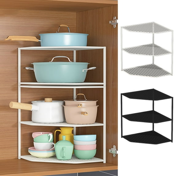 SSZMDLB under $5 Kitchen Shelf Countertop Pot Storage Rack, Under Sink Cabinet Layered Organizer, Metal Stand for Cookware Pan Lid Storage, Three Tier Corner Shelf for Utensils