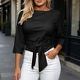 thumbnail image 1 of SSZMDLB Women 3/4 Sleeve Tie Front T-Shirts Round Neck Casual Summer Tops Solid Basic Tee Shirt Comfy Vacation Outfits Knotted Front Workout Clothes, Black S, 1 of 5
