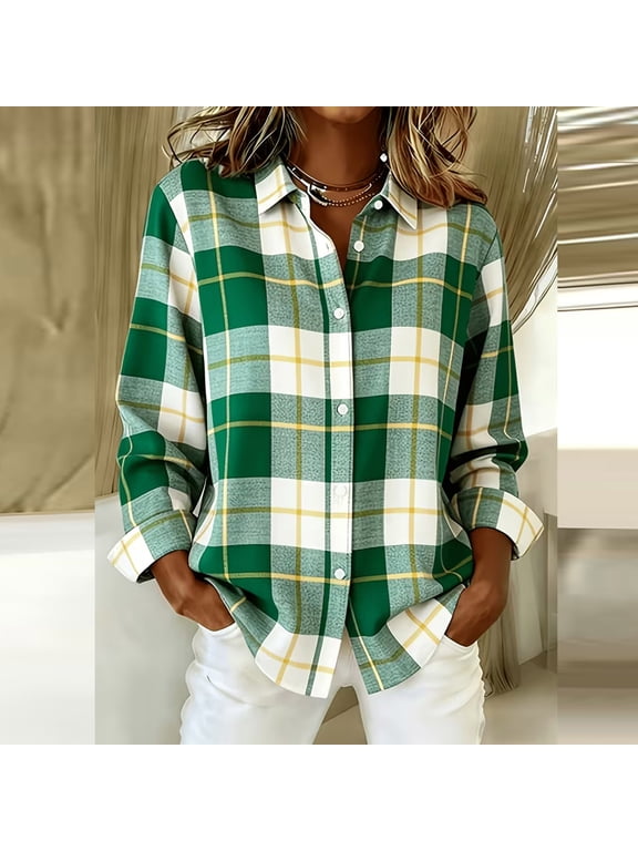 Women Button Down Plaid Shirt Long Sleeve Collared Casual Loose Fit Fall Winter Blouses, Green L