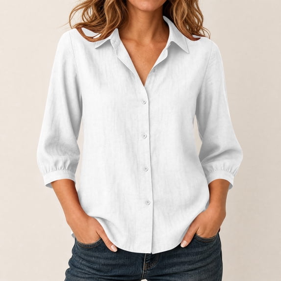 SSZMDLB Women Collared 3/4 Sleeve Button Down Blouse Casual Basic Top for Work Vacation Summer, White S