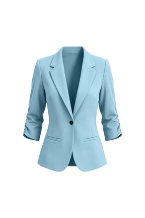 Women Collared 3/4 Sleeve Ruched Blazer Slim Fit Office Work Jacket for Women Business Casual Tops Elegant Solid Spring Fall, Blue L