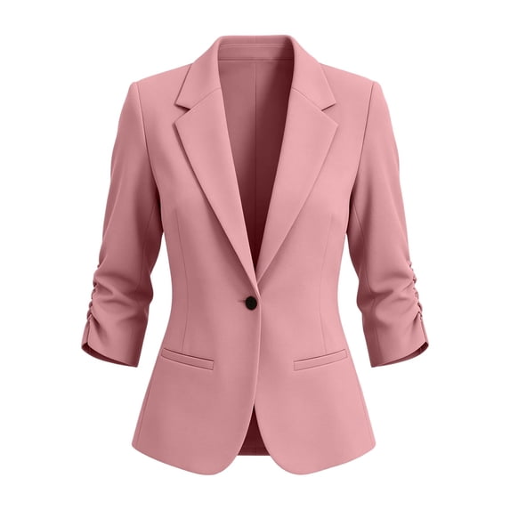 SSZMDLB Women Collared 3/4 Sleeve Ruched Blazer Slim Fit Office Work Jacket for Women Business Casual Tops Elegant Solid Spring Fall, Pink M