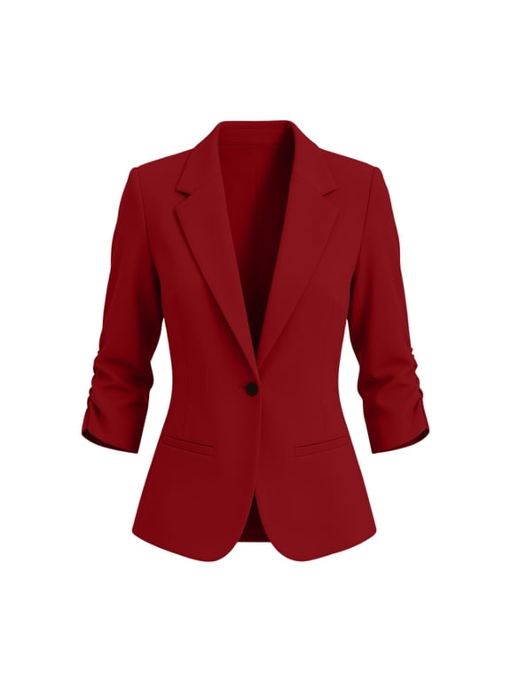 Women Collared 3/4 Sleeve Ruched Blazer Slim Fit Office Work Jacket for Women Business Casual Tops Elegant Solid Spring Fall, Red M