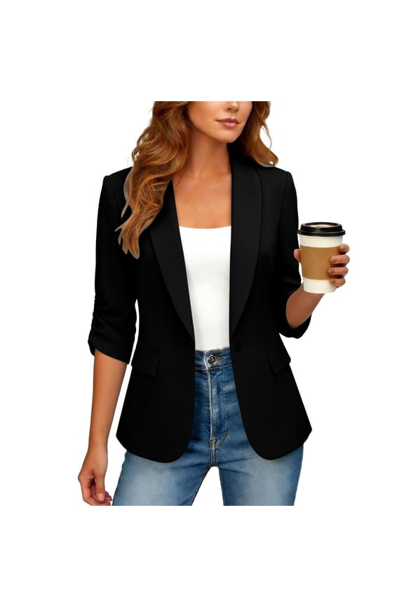 Women Collared 3/4 Sleeve Ruched Jacket Casual Work Blazer Solid Basic Office Outerwear Tops, Black M
