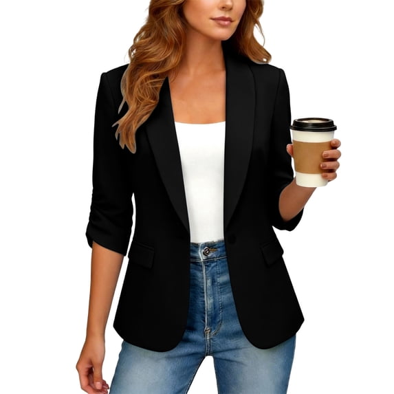 SSZMDLB Women Collared 3/4 Sleeve Ruched Jacket Casual Work Blazer Solid Basic Office Outerwear Tops, Black XL