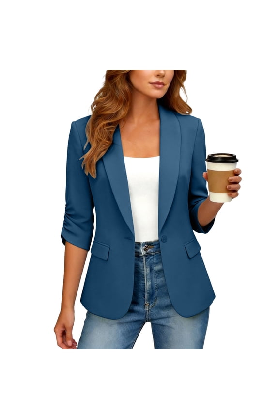 Women Collared 3/4 Sleeve Ruched Jacket Casual Work Blazer Solid Basic Office Outerwear Tops, Blue M