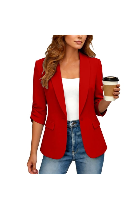 Women Collared 3/4 Sleeve Ruched Jacket Casual Work Blazer Solid Basic Office Outerwear Tops, Red S