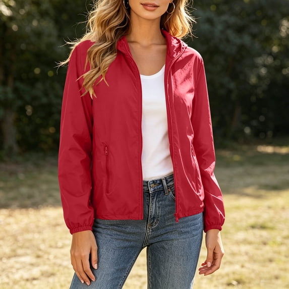 SSZMDLB Women Collared Long Sleeve Hooded Casual Basic Vacation Jacket Loose Fit Solid Tops for Spring Fall Trendy Outwear, Red XL