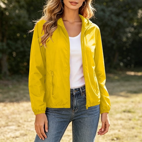 SSZMDLB Women Collared Long Sleeve Hooded Casual Basic Vacation Jacket Loose Fit Solid Tops for Spring Fall Trendy Outwear, Yellow XL
