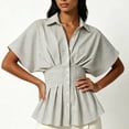 thumbnail image 1 of SSZMDLB Women Collared Short Sleeve Button Down Pleated Peplum Top Casual Blouse Solid Basic Shirt Office Outfits Summer Work Tops, Black L, 1 of 9