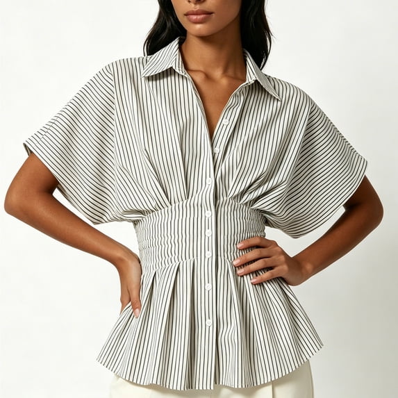 SSZMDLB Women Collared Short Sleeve Button Down Pleated Peplum Top Casual Blouse Solid Basic Shirt Office Outfits Summer Work Tops, Black L