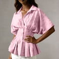 thumbnail image 1 of SSZMDLB Women Collared Short Sleeve Button Down Pleated Peplum Top Casual Blouse Solid Basic Shirt Office Outfits Summer Work Tops, Pink S, 1 of 7
