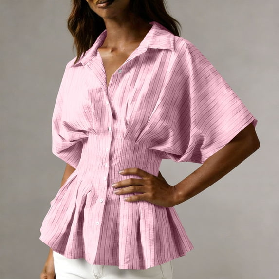 SSZMDLB Women Collared Short Sleeve Button Down Pleated Peplum Top Casual Blouse Solid Basic Shirt Office Outfits Summer Work Tops, Pink S