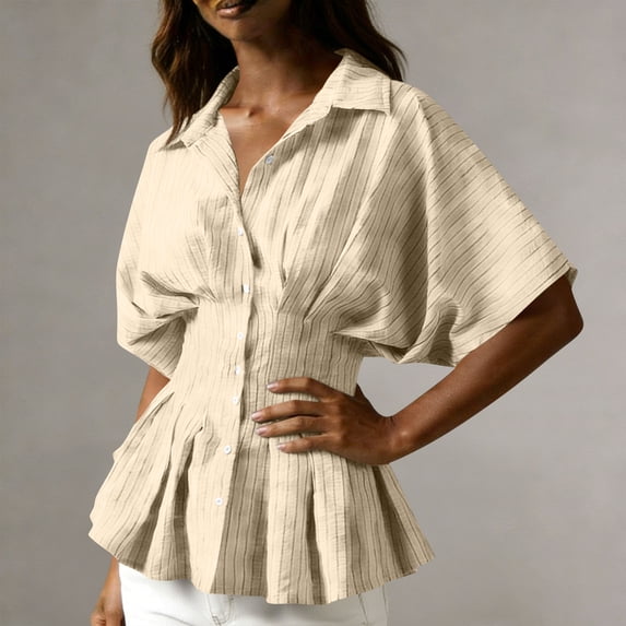 SSZMDLB Women Collared Short Sleeve Button Down Pleated Peplum Top Casual Blouse Solid Basic Shirt Office Outfits Summer Work Tops, Yellow S