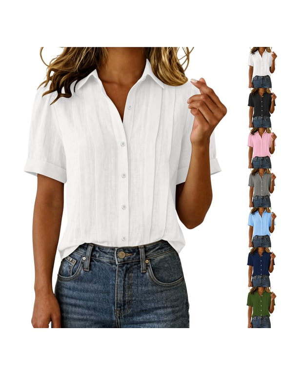 Women Collared Short Sleeve Button Down Shirts Lightweight Cotton Blouse Casual Basic Tops Summer Office Work Party Outfits, White XL