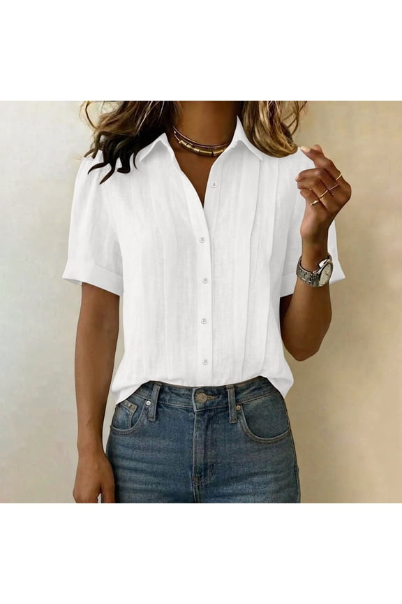 Women Collared Short Sleeve Button Down Shirts Lightweight Cotton Blouse Casual Basic Tops Summer Office Work Party Outfits, White XL
