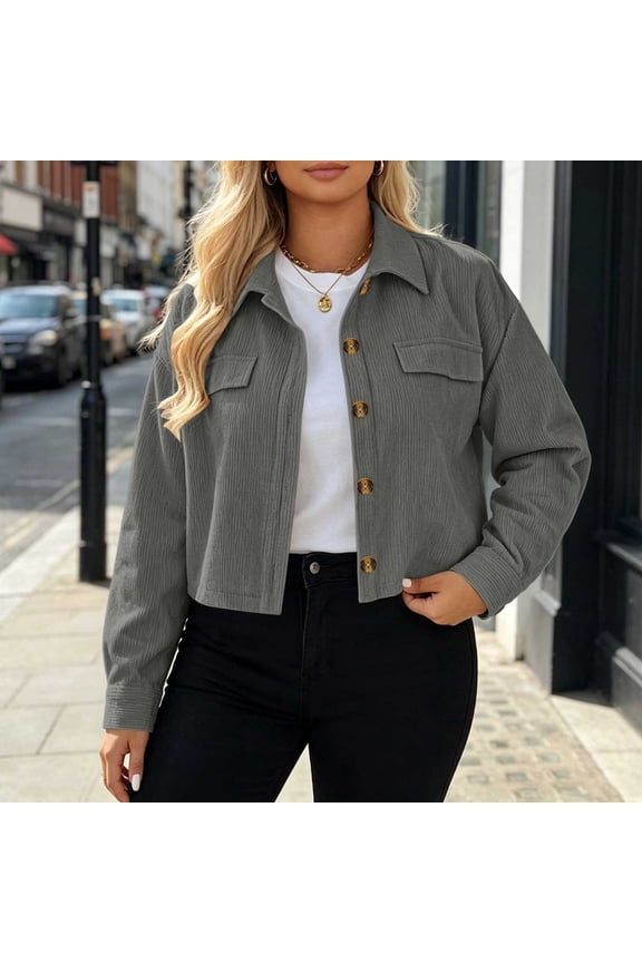 Women Fall Winter Long Sleeve Button Down Crop Top Jacket Collared Open Front Casual Solid Basic Blazer Trendy Office Outfits, Gray S