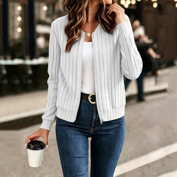 SSZMDLB Women Fall Winter Long Sleeve Zipper Ribbed Knitted Cardigan Sweater Casual Basic Tops Cute Cozy Fashion Pullover Dressy Work Outfits, White L