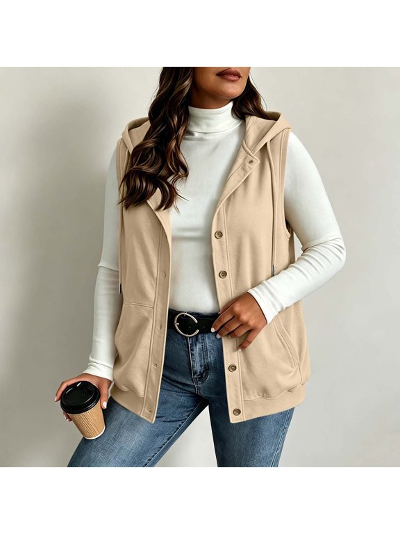 Women Fall Winter Sleeveless Button Down Hooded Vest Plus Size Open Front Casual Solid Basic Layering Tops, Beige 2XL