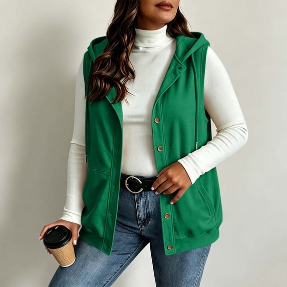 SSZMDLB Women Fall Winter Sleeveless Button Down Hooded Vest Plus Size Open Front Casual Solid Basic Layering Tops, Green S